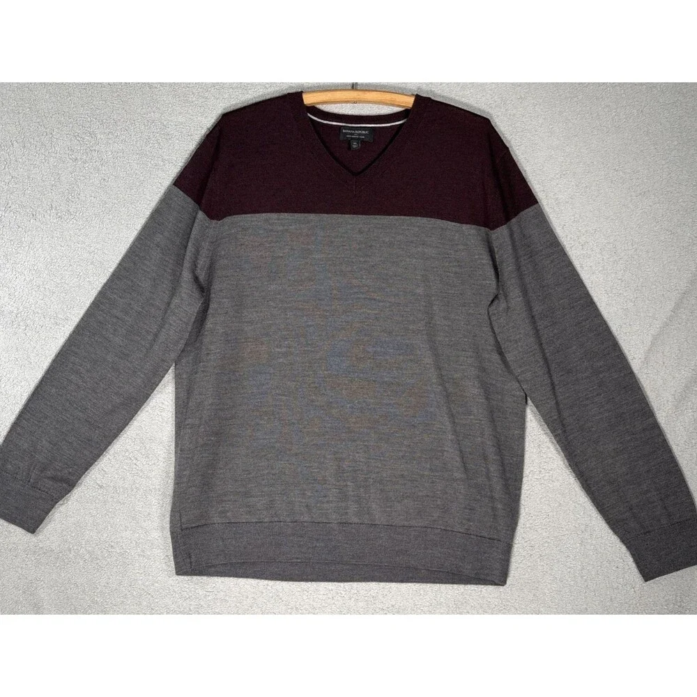 Banana Republic Mens Size XL Merino Wool Long Sleeve‎ V Neck Sweater Grey Preppy